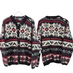 Woolrich Red Black White Vintage Mohair Button Front Cardigan Sweater Medium